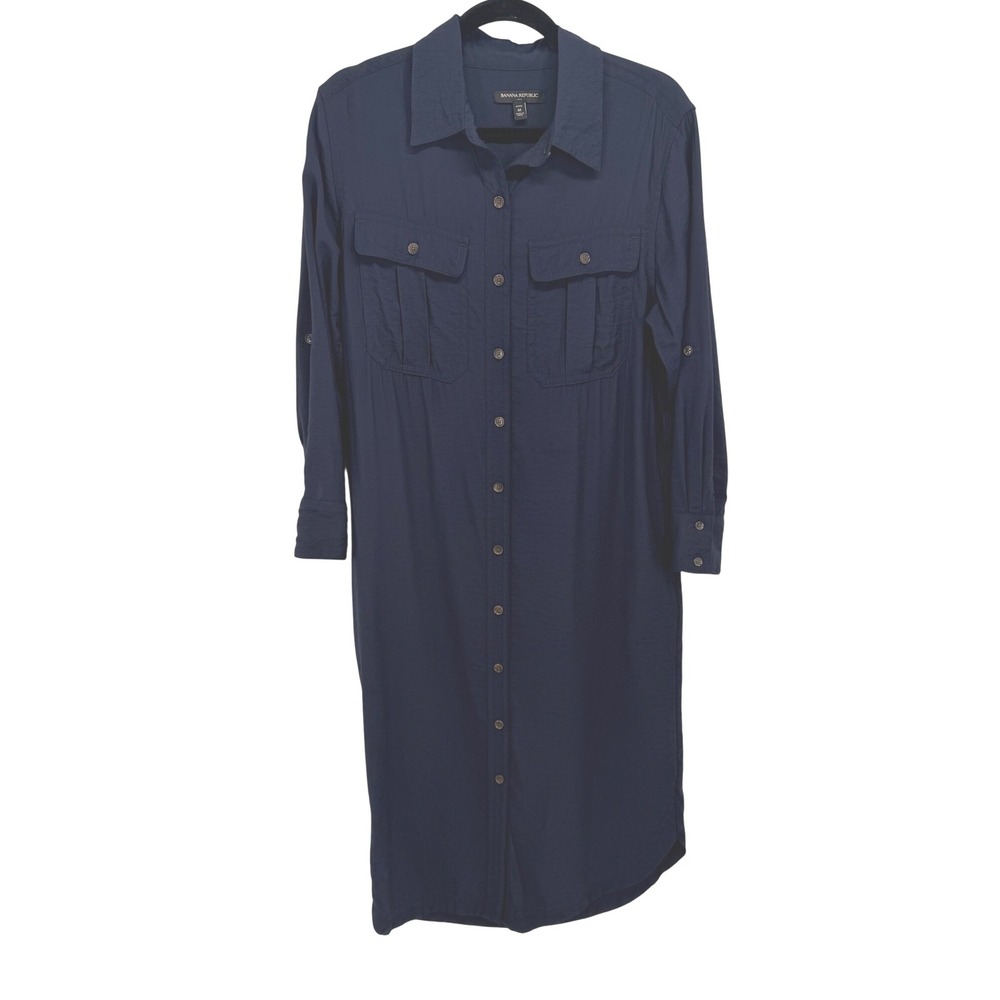 Banana Republic Womens Petite M Navy Blue Utility Shirt Dress Button Front Midi
